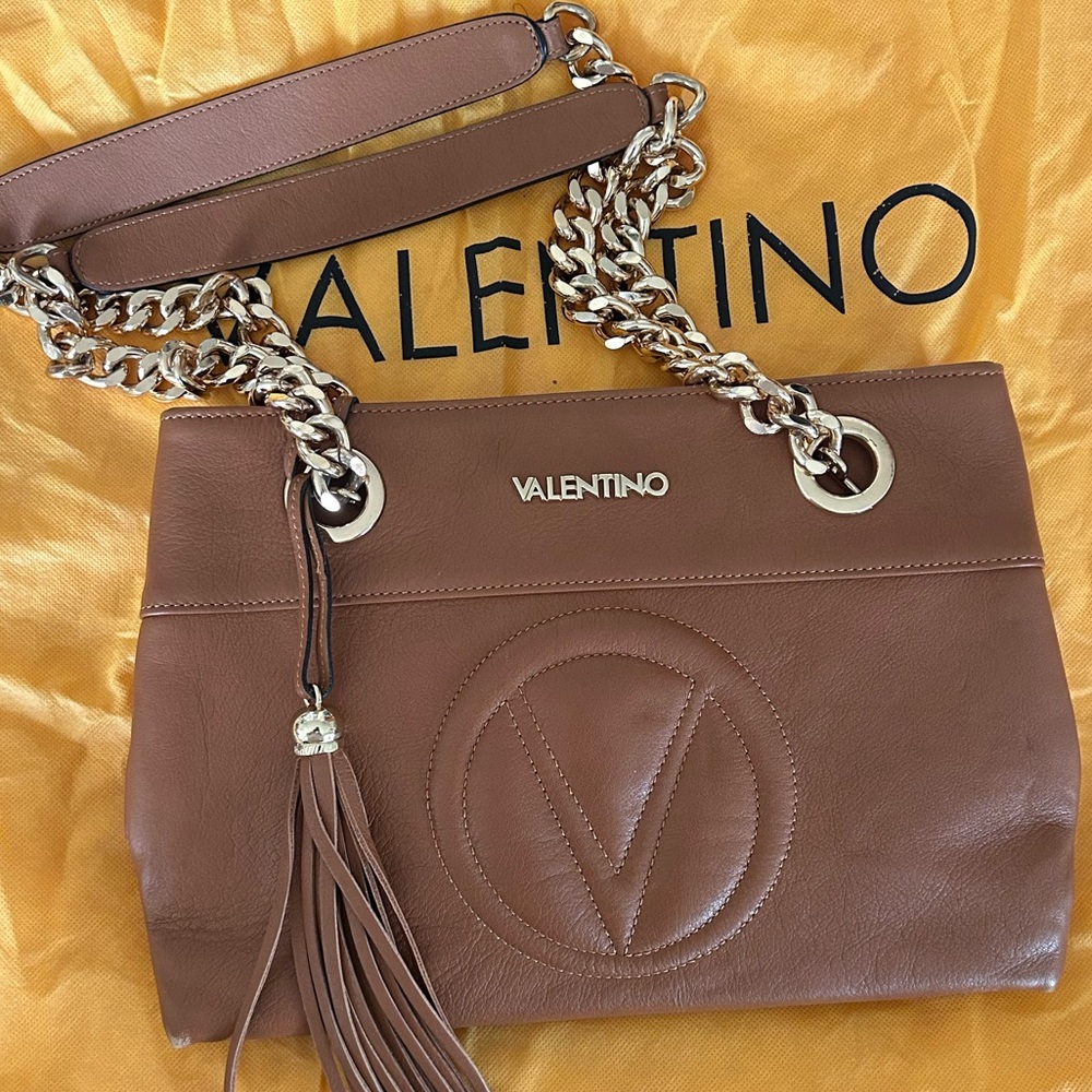 Valentino Tan Leather Shoulder Bag with Chain Strap
